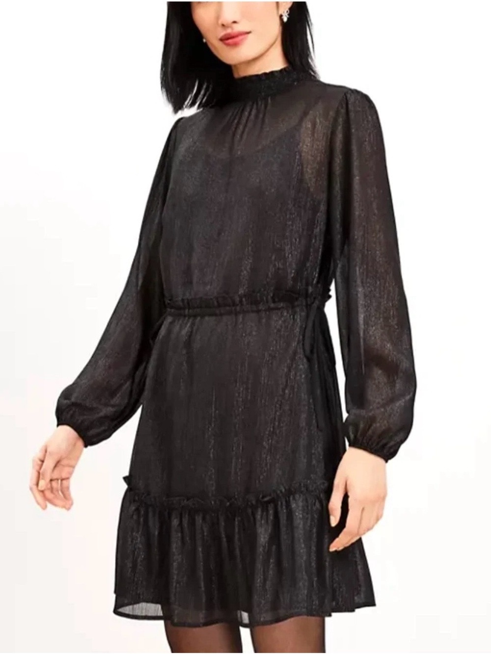 LOFT Black Long-Sleeve Metallic Ruffle Dress